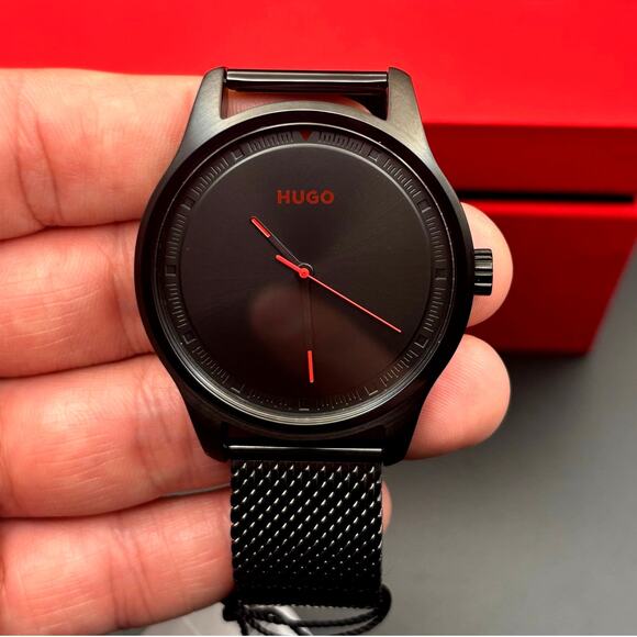 HUGO Move 1530044 Men’s Black Minimalist Mesh Bracelet Watch – Red Accent Dial - Picture 1 of 17